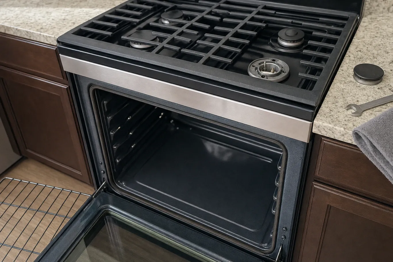 High angle over a gas range in a dark-wood kitchen, one burner head exposed and the oven door open below