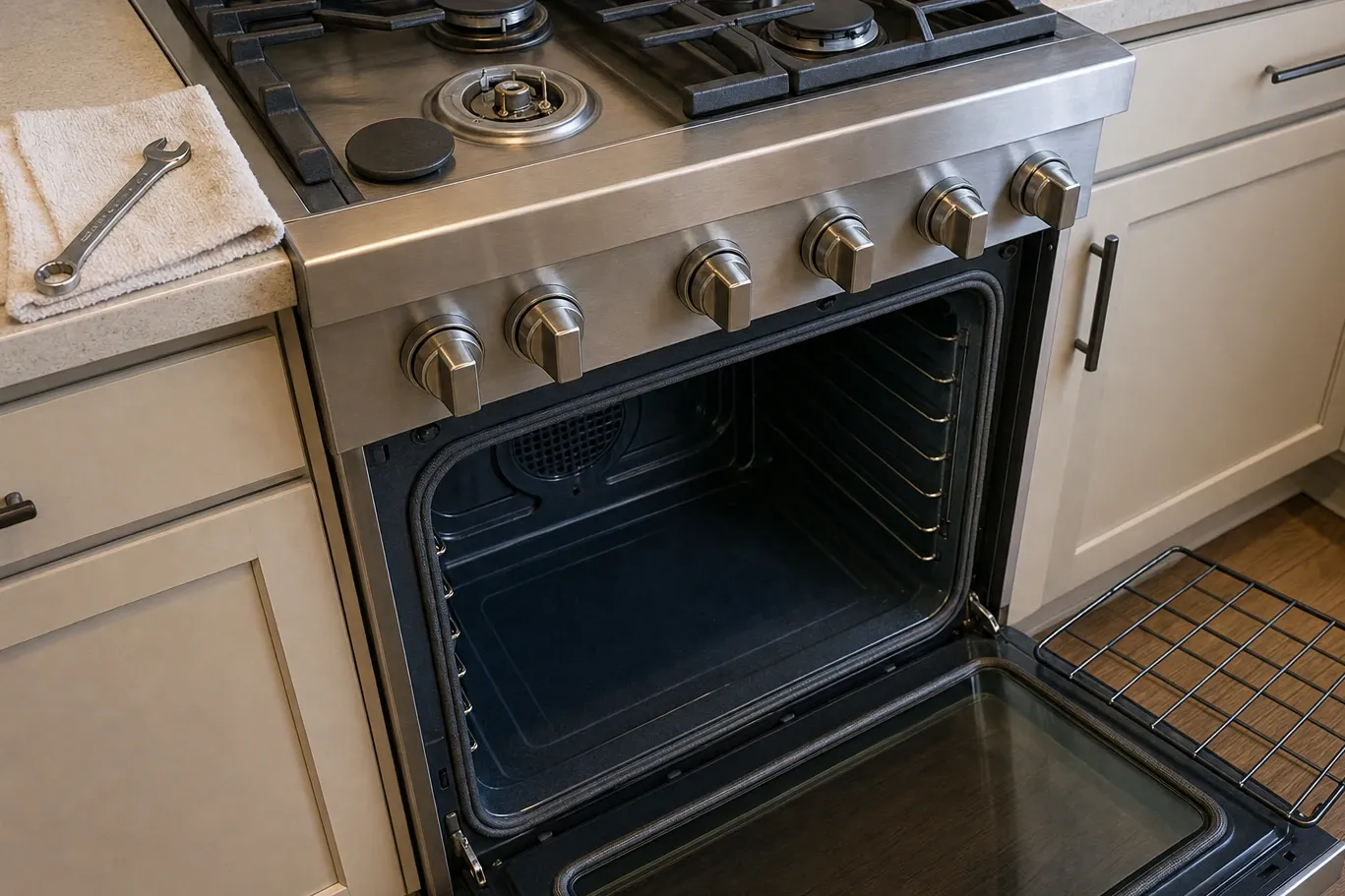 Open oven cavity on a stainless range with the perforated convection fan cover visible on the back wall
