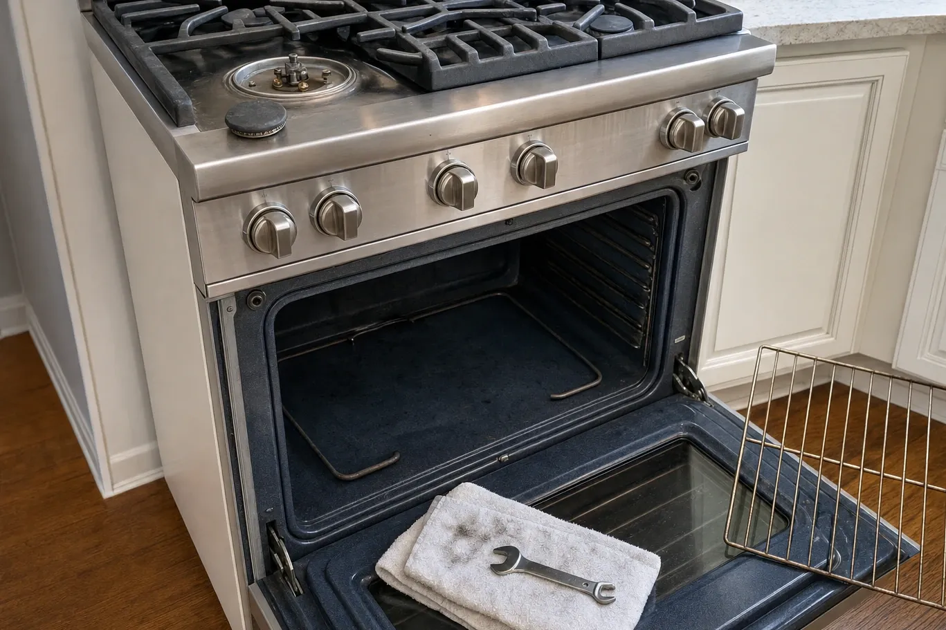 Pro-style stainless range with a burner cap removed over a large sealed burner and a wrench on the open oven door